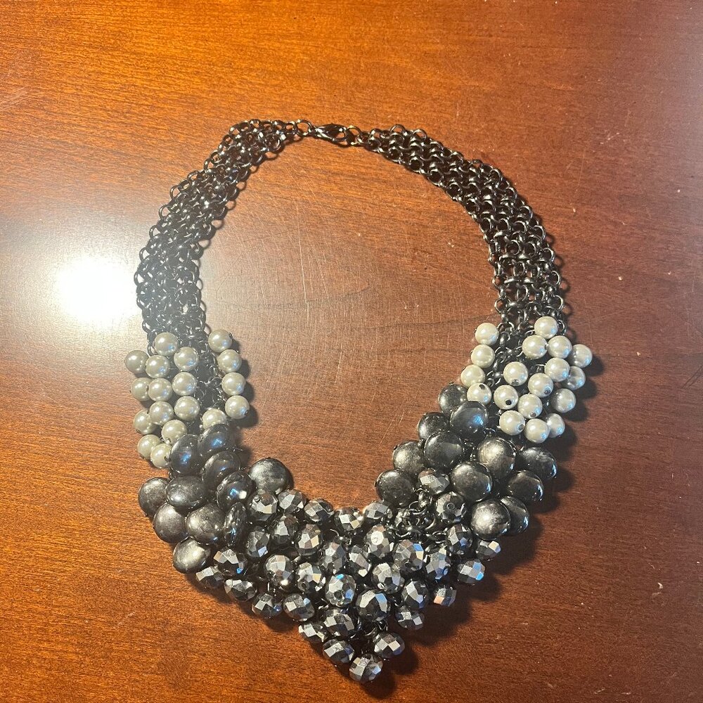 Black and Gunmetal Beaded Bib Necklace / Bold Chunky Glam